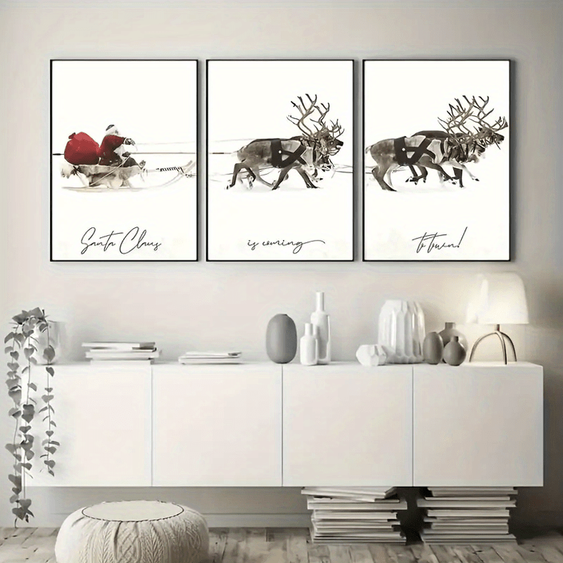 

3pcs/ Set Wooden Frame Vintage Santa & Reindeer Sleigh Canvas Set - Vibrant Wall Art Christmas Wall Decor In Living Room, Bedroom, Or Hallway