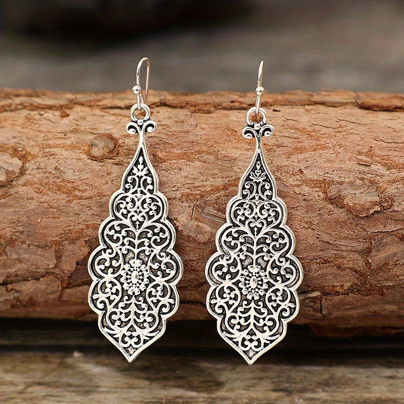 TEMU Vintage Silvery Carved Dangle Earrings - Retro Ethnic Alloy Jewelry For Women & Girls, Delicate Gift For Casual Wear