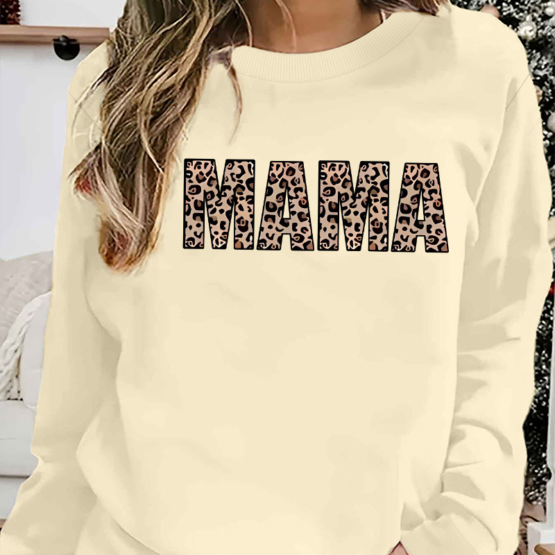 

Sweat-shirt imprimé Mama pour femme - Pullover décontracté à manches longues avec col rond, tissu tricoté toutes , polyester élastique, motif léopard, coupe décontractée pour un