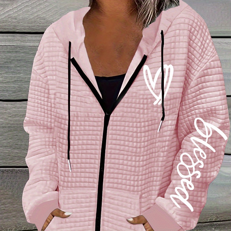 

Heart Print Zip Front Jacket, Casual Long Sleeve Slant Pocket Jacket, Women's Clothing