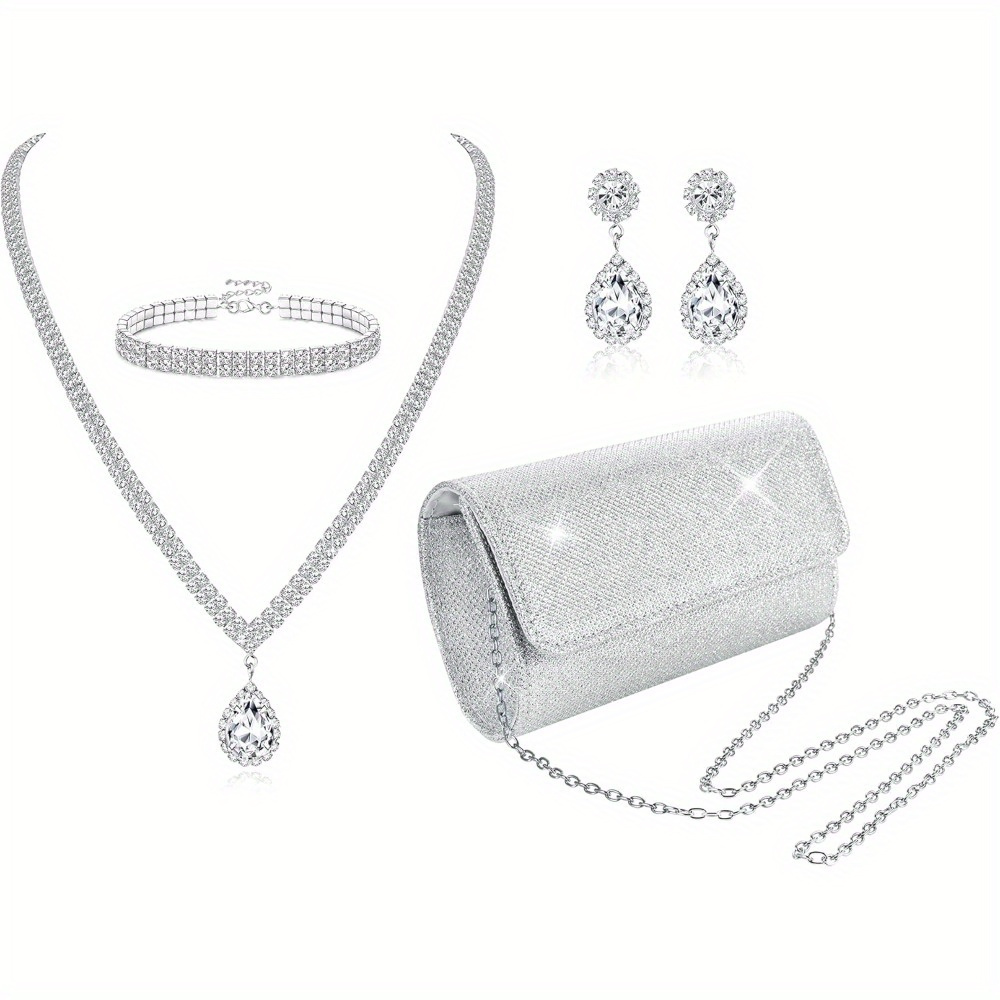 

4pcs Clutch Purse Jewelry Set For Women Evening Rhinestone Purse Crystal Necklace Earrings Bracelets Set Accessories For Women Bride Wedding Jewelry Teardrop