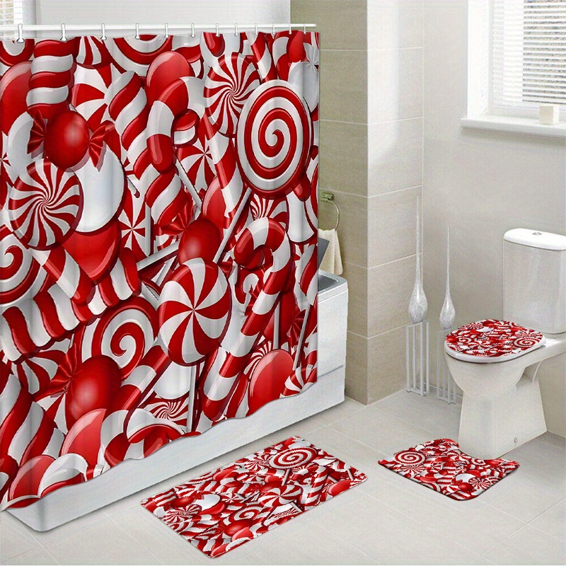 

1pc/4pcs Christmas Waterproof Shower Curtain Set With 12 Hooks And Bath Mat Toilet Seat Bathroom Seat Anti-slip Carpet Rug Polyester Fabric Curtain Bathroom Accessories Home Decor (open Jit)