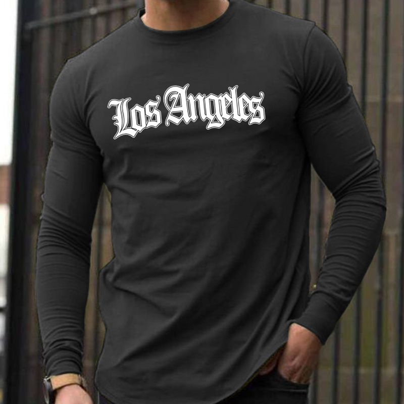 

Men's Los Angeles Gothic Print Long Sleeve Crew Neck Casual T-shirt, Men' Fall/winter Base Layer, Polyester Stretch Knit, Regular Fit, Unisex, , Tee For Men