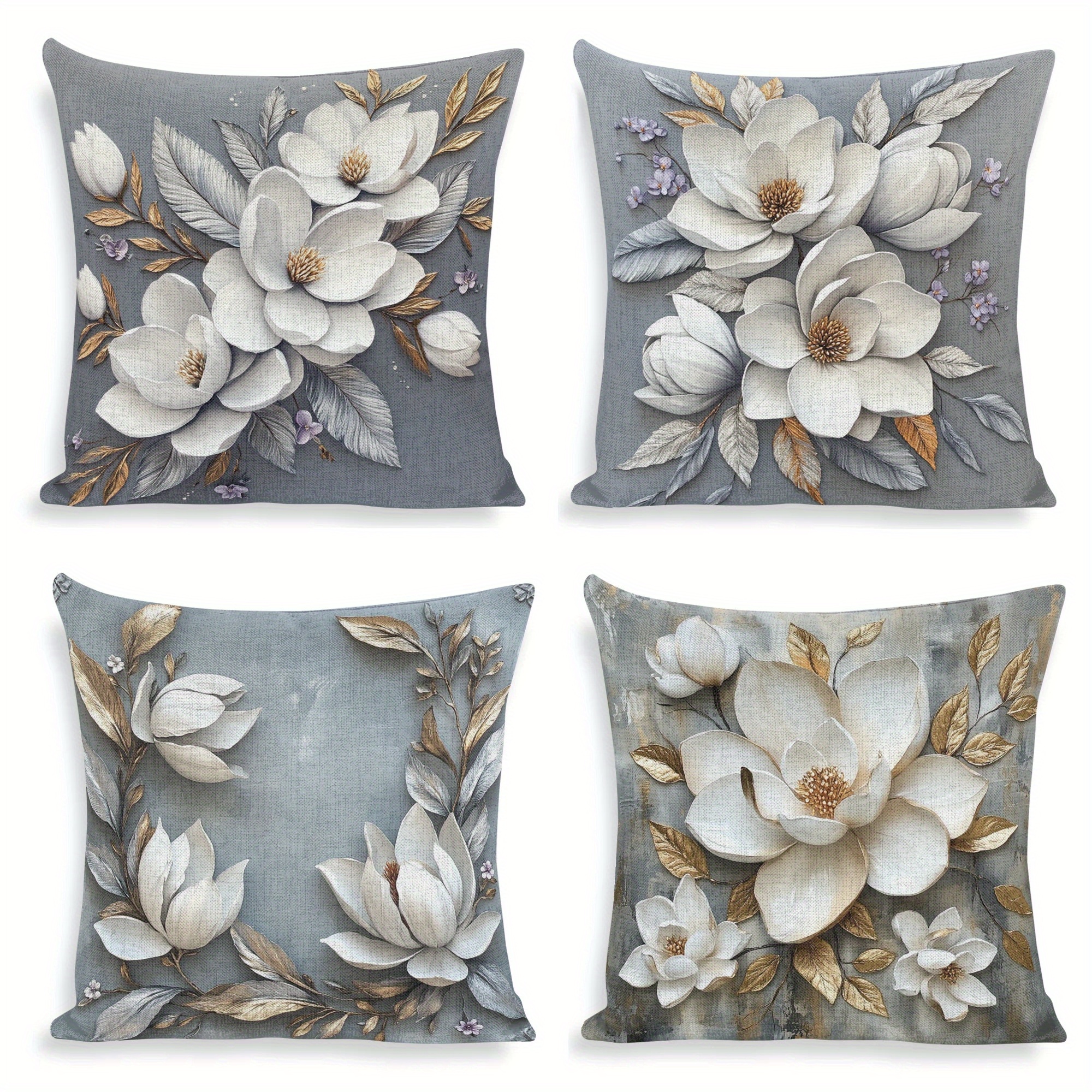 

4-pack Double-sided Magnolia Print Throw Pillow Covers 18x18 Inches, Square Polyester Decorative Cushion Cases For Sofa And Home Decor - Woven Floral Patterns Without Inserts