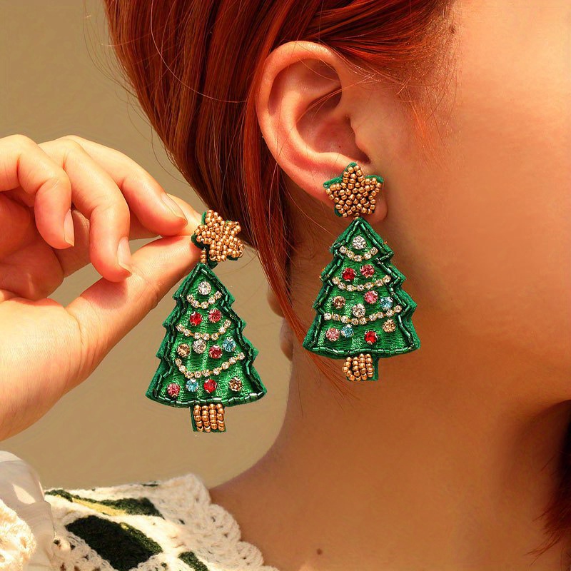 

1 Pair Of Christmas Earrings For Women, Fabric Handmade Rice Beads Earrings, Beaded Christmas Tree Drop Dangle Earrings, Holiday Jewelry Gift