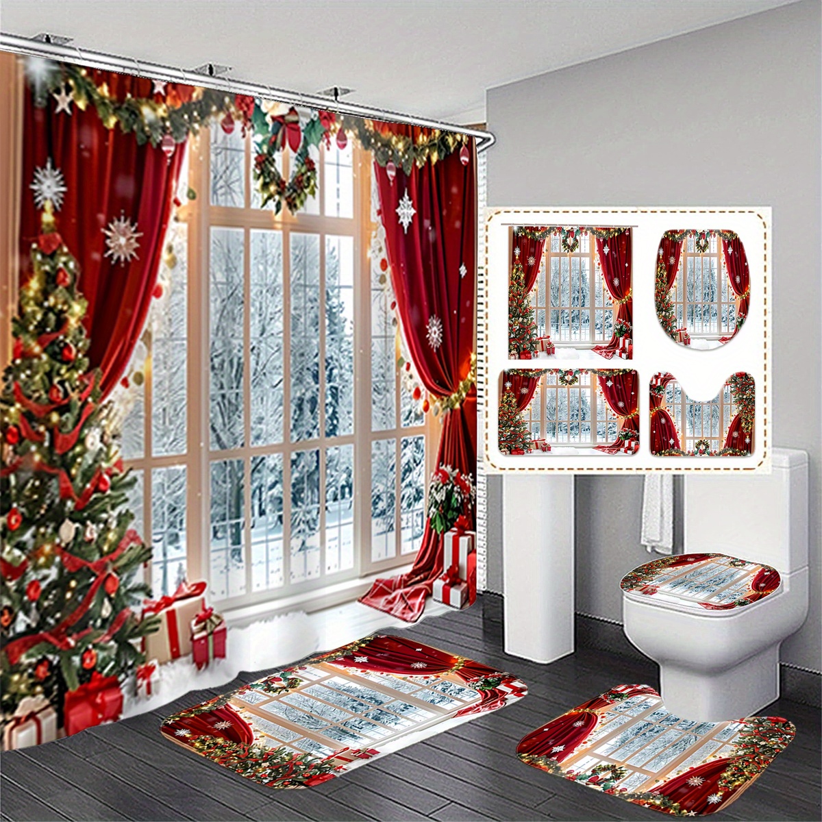 

Jit, 1pc/3pcs Christmas Red Curtain Bathroom Curtain + Mat Set 12 , Polyester , Bathroom -slip Mat, -slip U-shaped Mat, Mat, Bathroom , Decorative Accessories, Decoration, Decorative Hanging Curtain