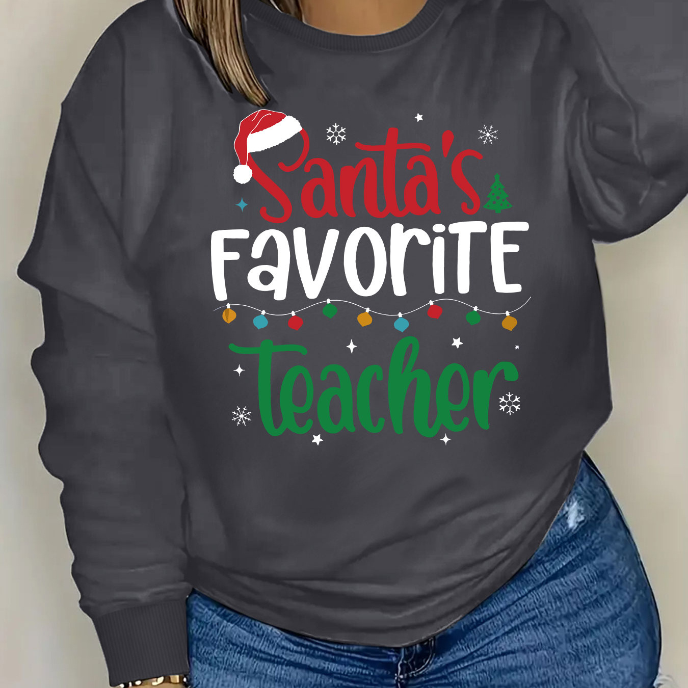 

Women's Christmas Casual Sweatshirt " Teacher" - 100% Polyester Crew Neck Long Sleeve Pullover For Fall/winter