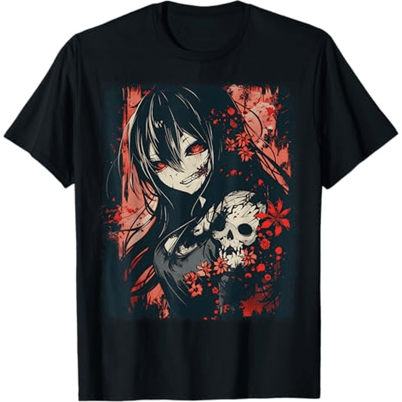 

Unique Anime Horror Girl & Skull Graphic Tee - 100% Cotton, Breathable & Comfortable, Perfect Gift For , Casual Fit, Machine Washable, Black, Sizes S-xxxl