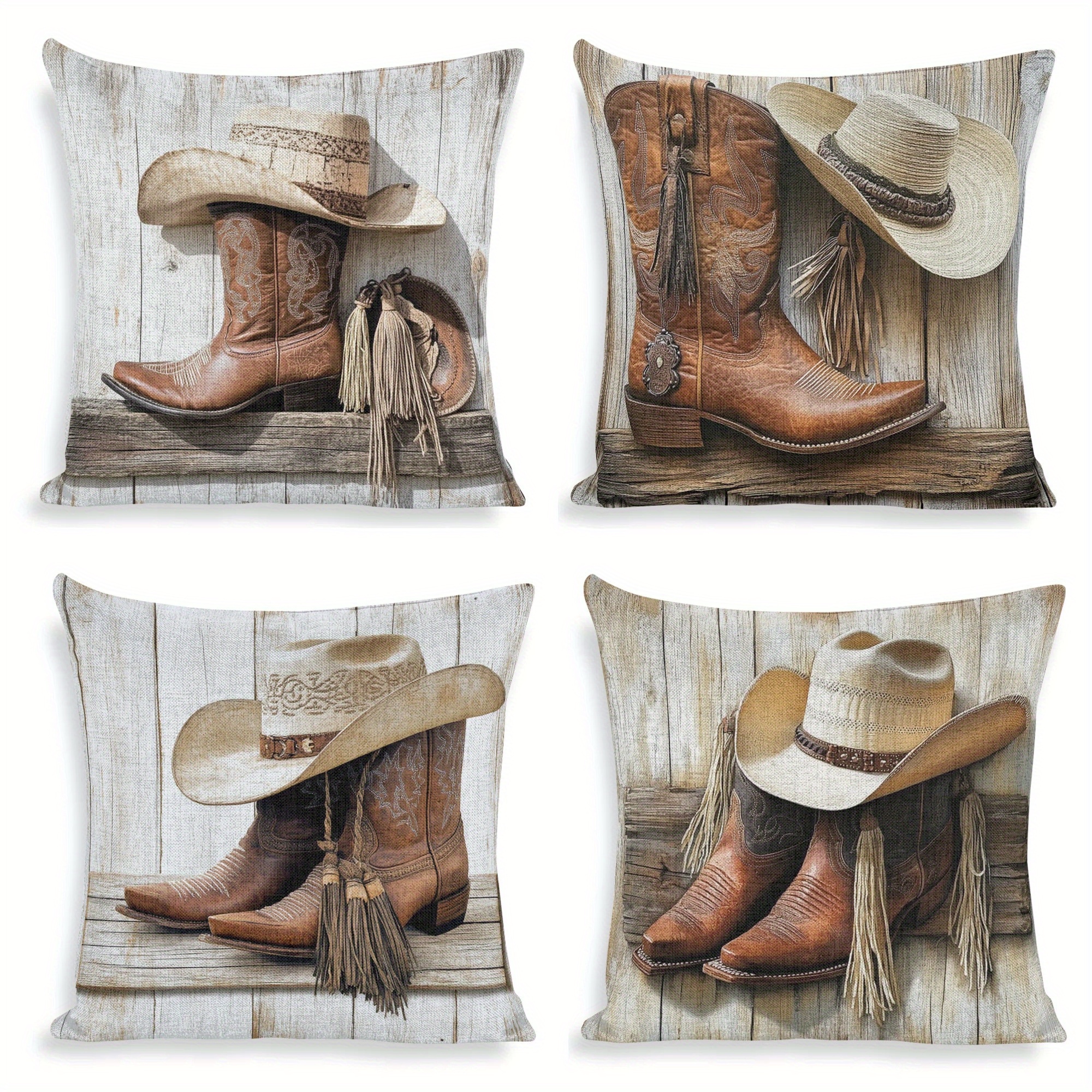 

4pcs Set, 18x18 Inch, Cowboy Boots And Hat Pillowcase, Double-sided Printing, Home Sofa Decoration