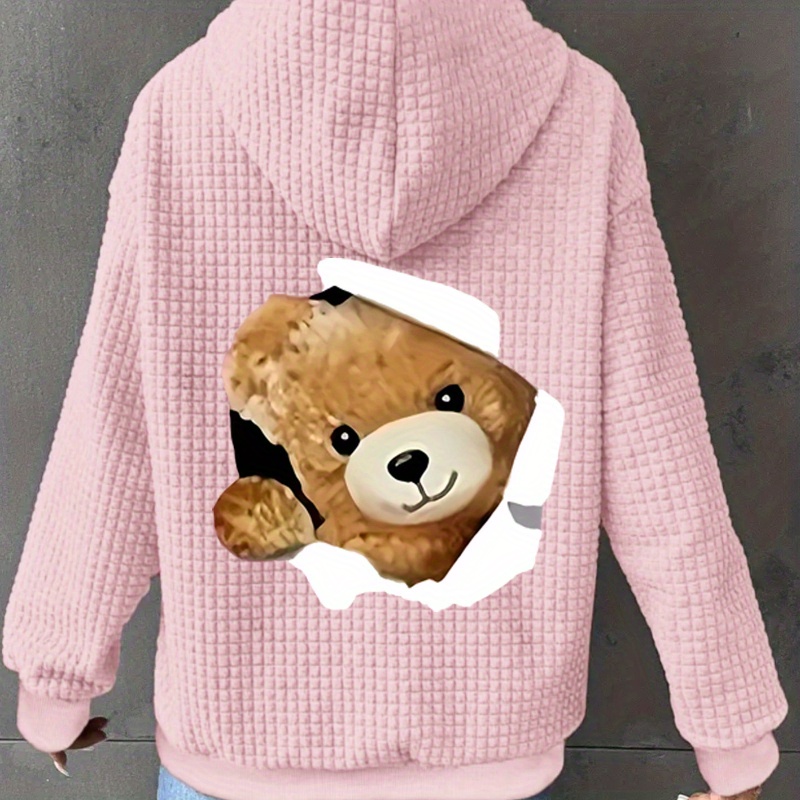 

Charm, Women's Adorable Teddy Waffle Knit Hoodie Jacket - Pink Polyester, Zipper & Drawstring Closure, Cozy , Machine Washable, Jacket|relaxed Fit Jacket|polyester Hoodie, Oversized Hoodie