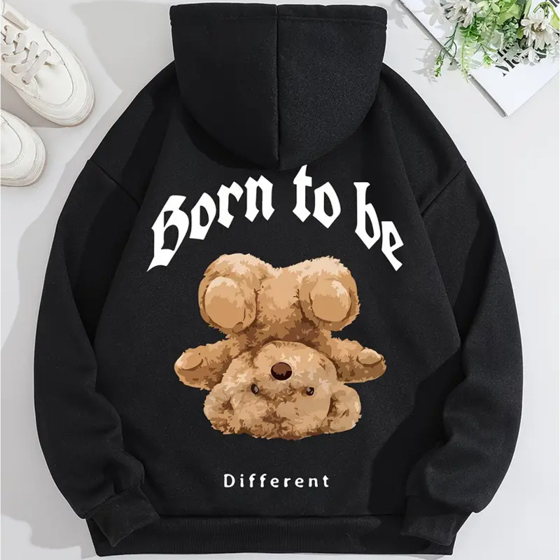 

Casual Polyester Hoodie For Women With Cute Bear Cartoon Print - Knit Fabric Pullover With Hood For Fall/winter, Alphabet Pattern, Hooded Sweatshirt