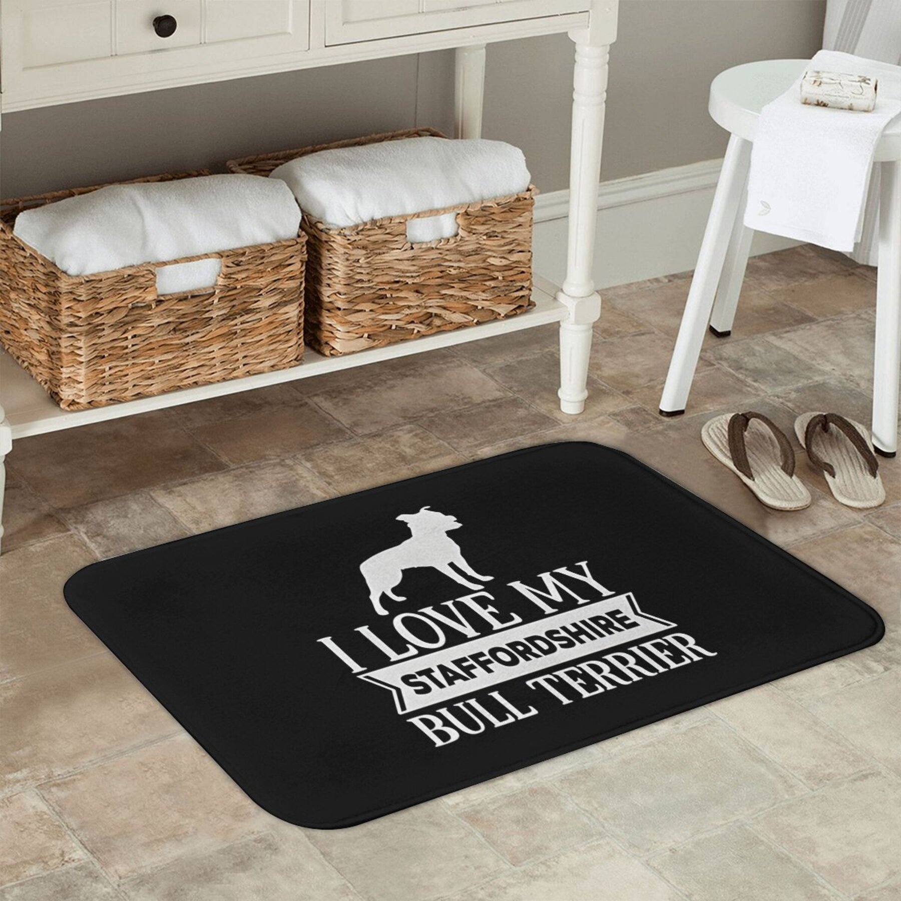 TEMU Staffordshire Bull Terrier Love Heart Door Mat - Non-slip, Machine Washable Polyester Rug For Living Decor