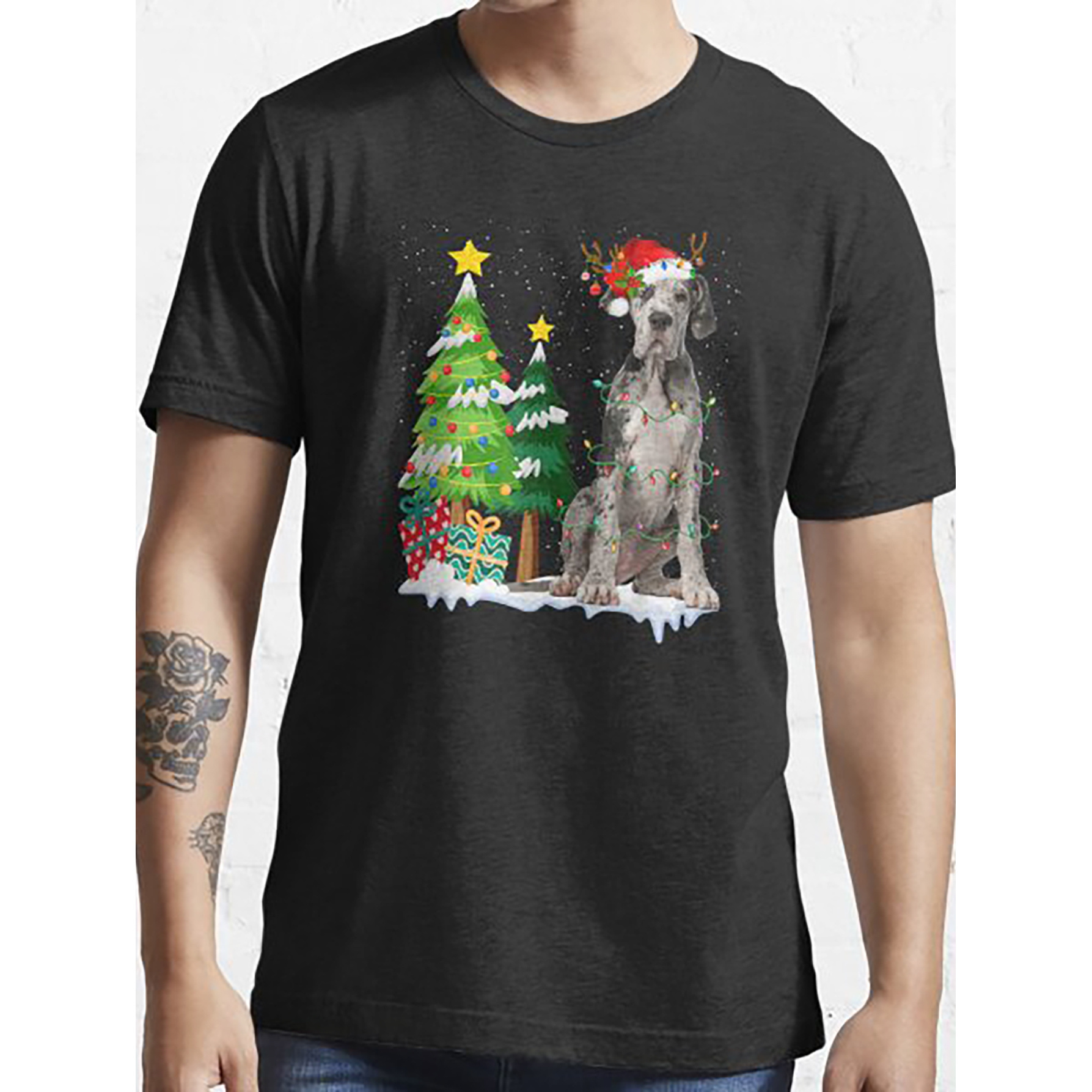 

Dog Santa Hat Reindeer Christmas Lights Design Unisex Funny Christmas Gift T-shirt