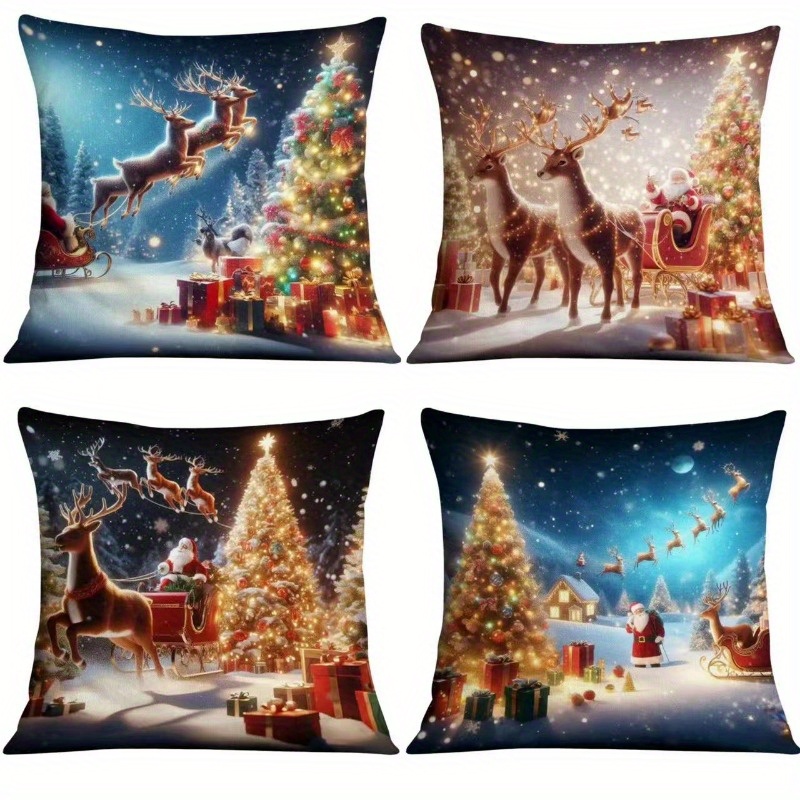 

Vintage Christmas Pillow Covers Set Of 4, Linen 100% Woven Santa Reindeer Tree , Decorative Throw Pillow Cases, Single-sided Print, Zippered Closure - Living Room, Bedroom, Sofa Decor, Hand Wash Only