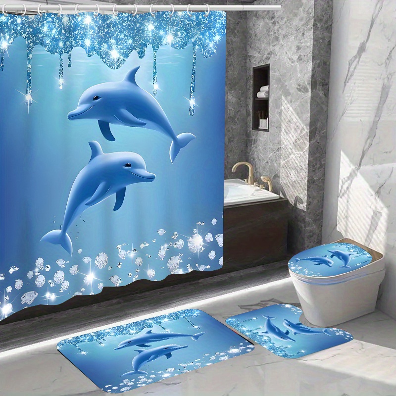 

Dolphin-themed Bathroom Set With Waterproof Bath , 12 Hooks, Non-slip Mats, Toilet Lid Cover, Woven Polyester, Fashionable Aquatic Design, Water-resistant, Ideal For Home Decor (1pc/4pcs)