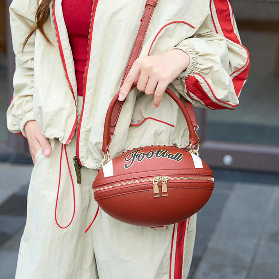 Sports-Themed American Football Shaped Crossbody Bag, Preppy Style Round PU  Messenger with Adjustable Strap and Zip Closure, Polyester Lined Guangzh