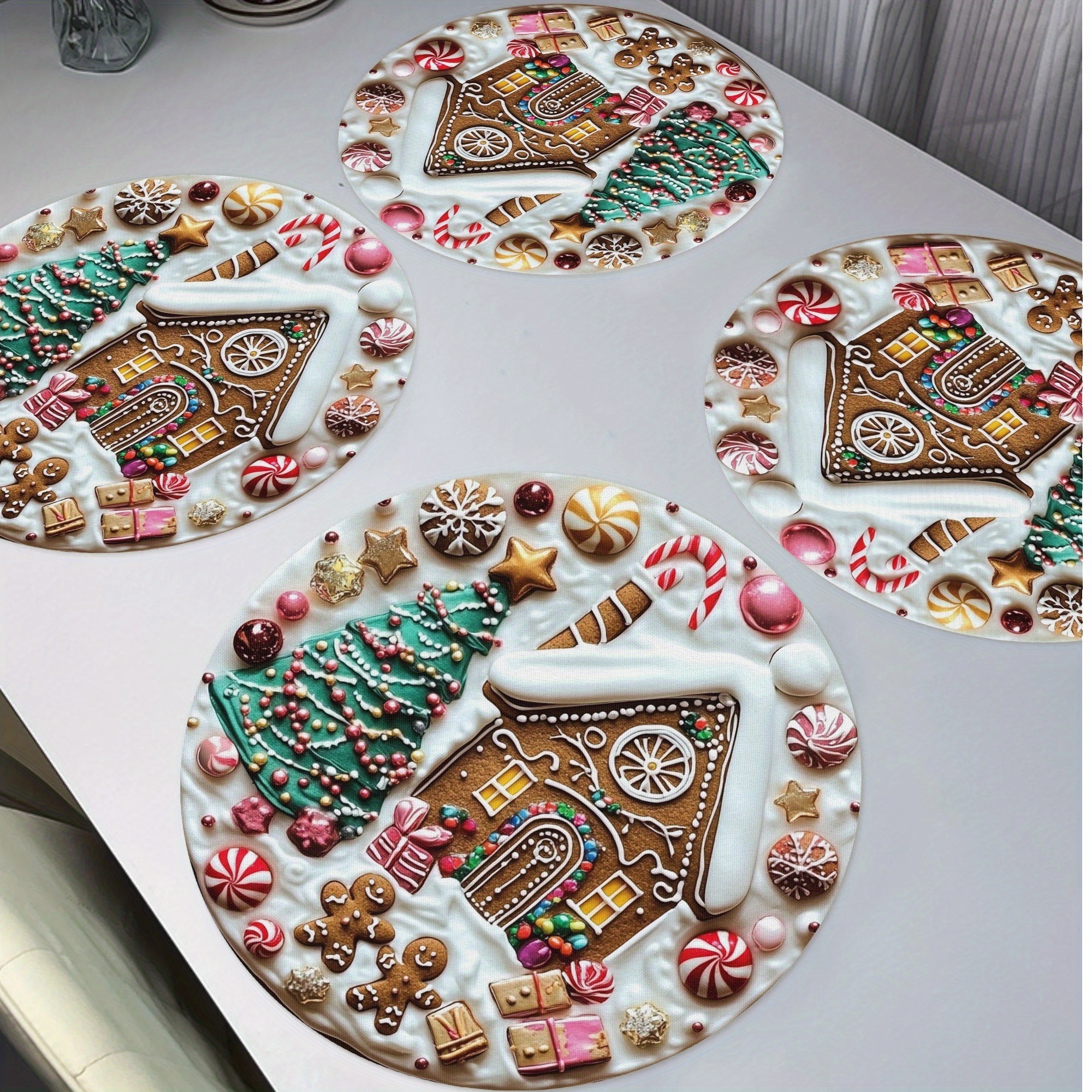 

4pcs, Christmas Placemats Set, Polyester Round Table Mats With Trees Gingerbread For Man Cookies Pattern, Kitchen Dining Decor