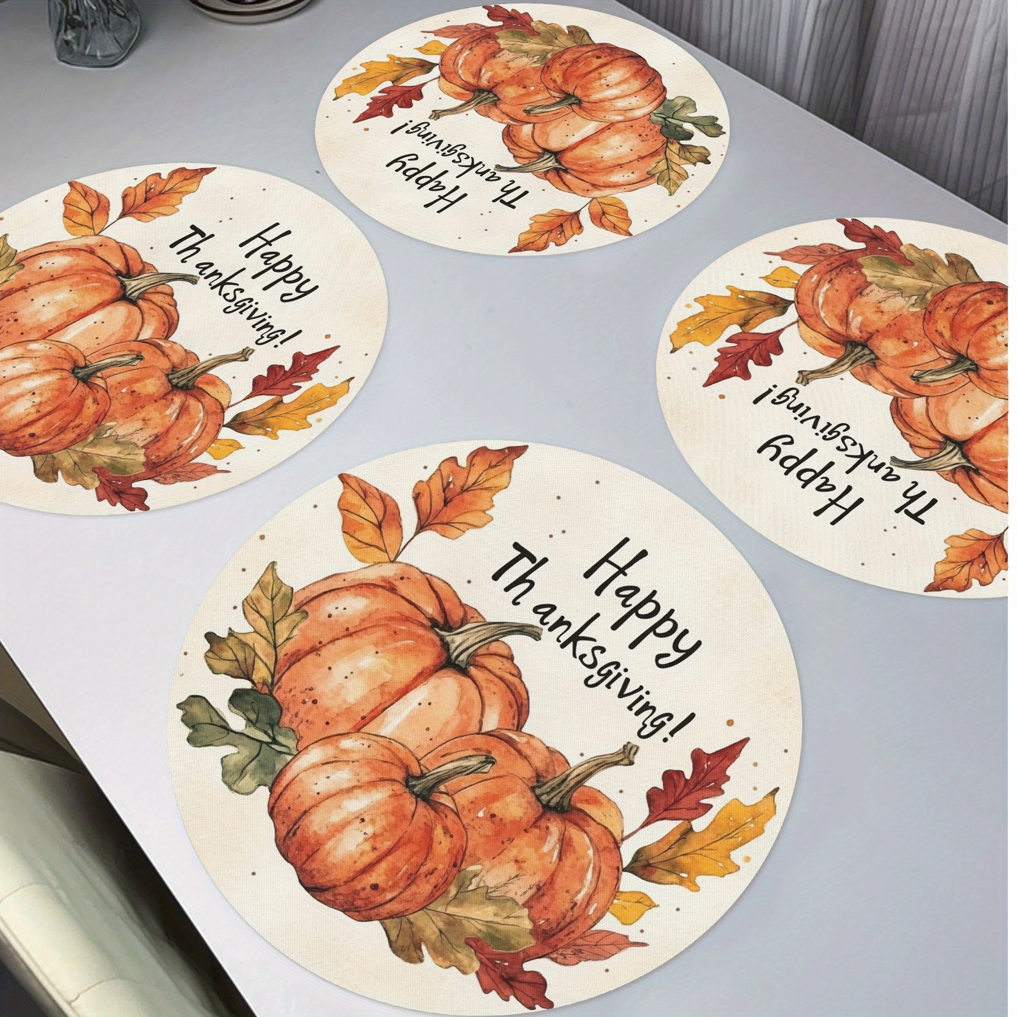 

4-pack Polyester Knit Fabric Round Placemats - Non-slip, Heat Resistant, Hand Washable, - 15" Harvest Pumpkin & Maple Leaf Design For Thanksgiving, Fall Season Dining & Kitchen Decor