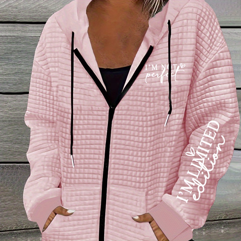 

Women's Casual Hooded Zip-up Waffle Knit Jacket - 100% Polyester With Geometric Pattern And Drawstring Detail