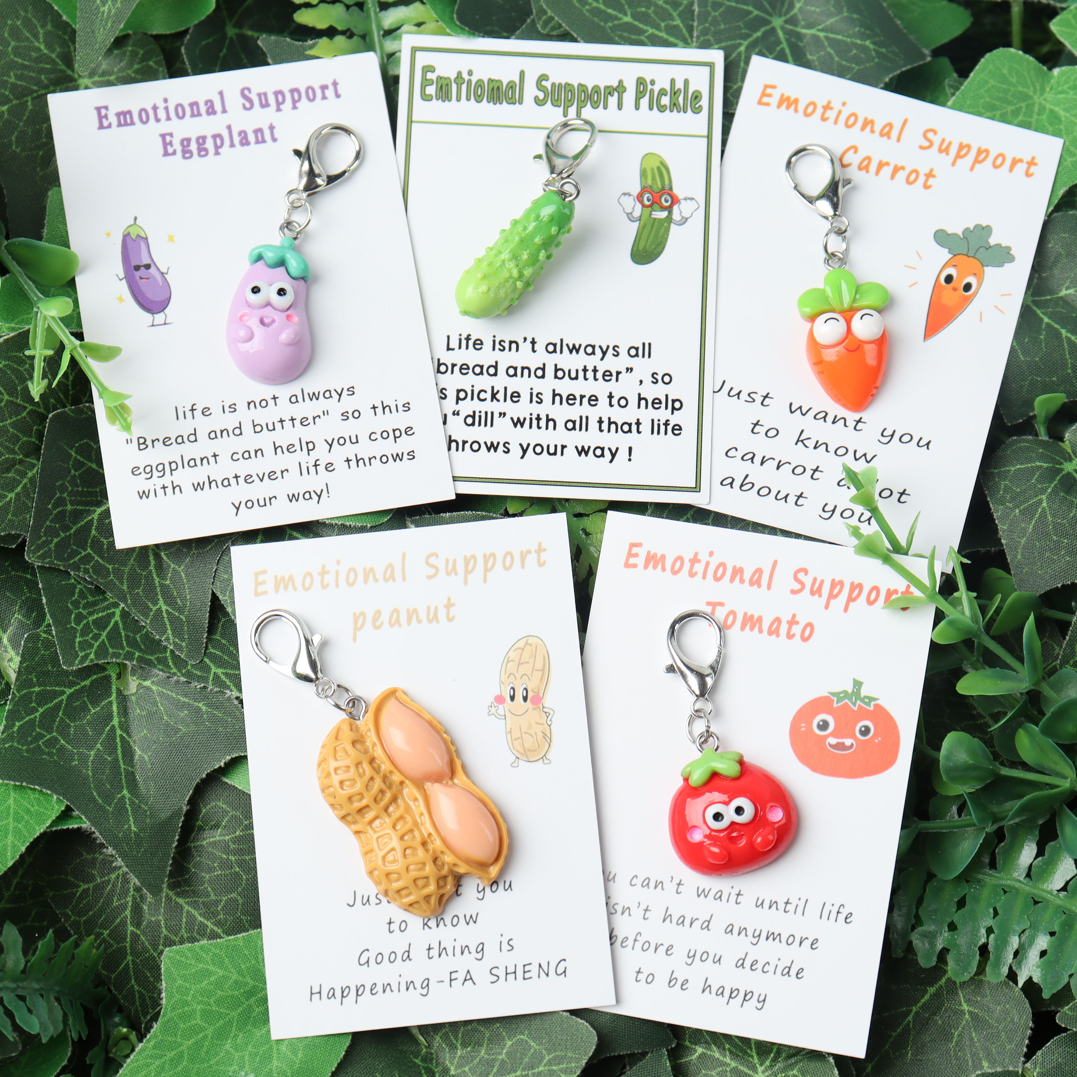 

Inspirational Keychain With Encouragement Card - Cute Cartoon Pickle, , Peanut, Tomato, Eggplant Designs - Relax & , Emotional Support, Resin Figurines, Pocket-sized, Positive Affirmation Decor