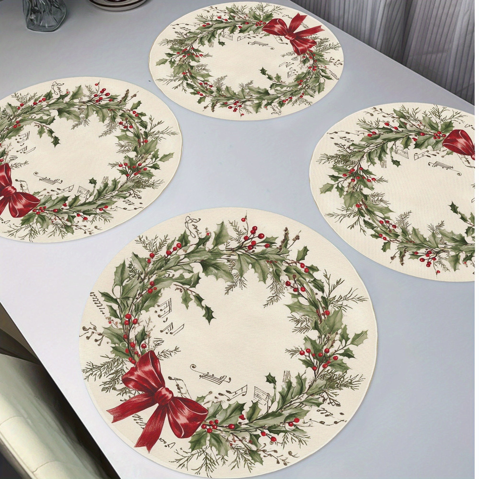 

4-pack Christmas Round Placemats With Vintage Wreath, Musical Notes, And Red - Polyester Knit Fabric, Hand Wash Only, Non-slip, Heat Resistant Table Mats For Dining And Kitchen Decor