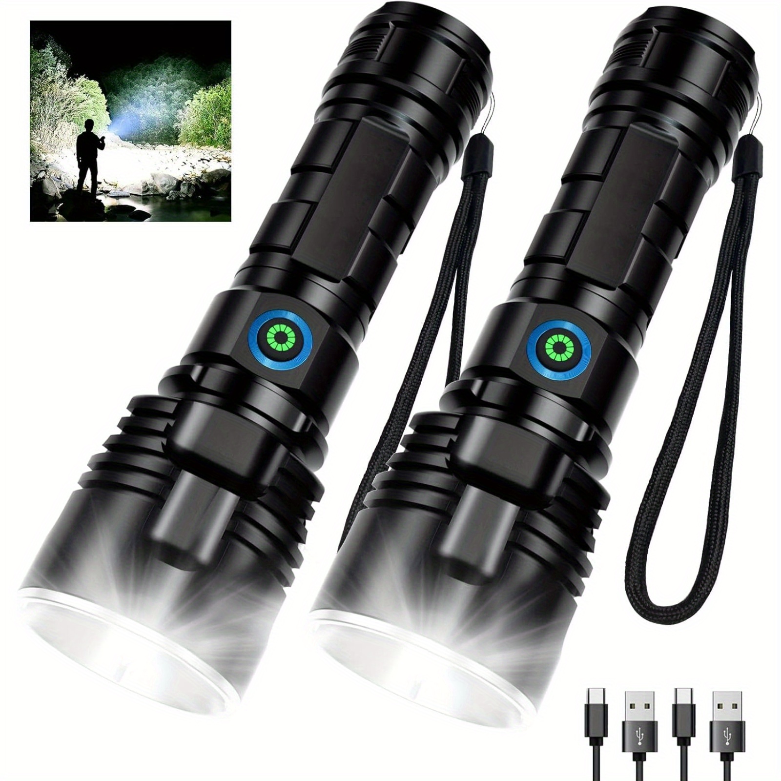 

Rechargeable Flashlights High - 2 Pack, 12 Hours Powerful Led Flash Light With 3 , For Camping, Home, Emergencies