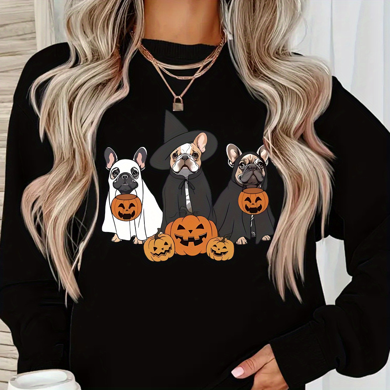 

Elegant French Bulldog Print Sweatshirt For Women - Cozy Fleece-lined Long Sleeve Pullover, Crew Neck, Machine Washable