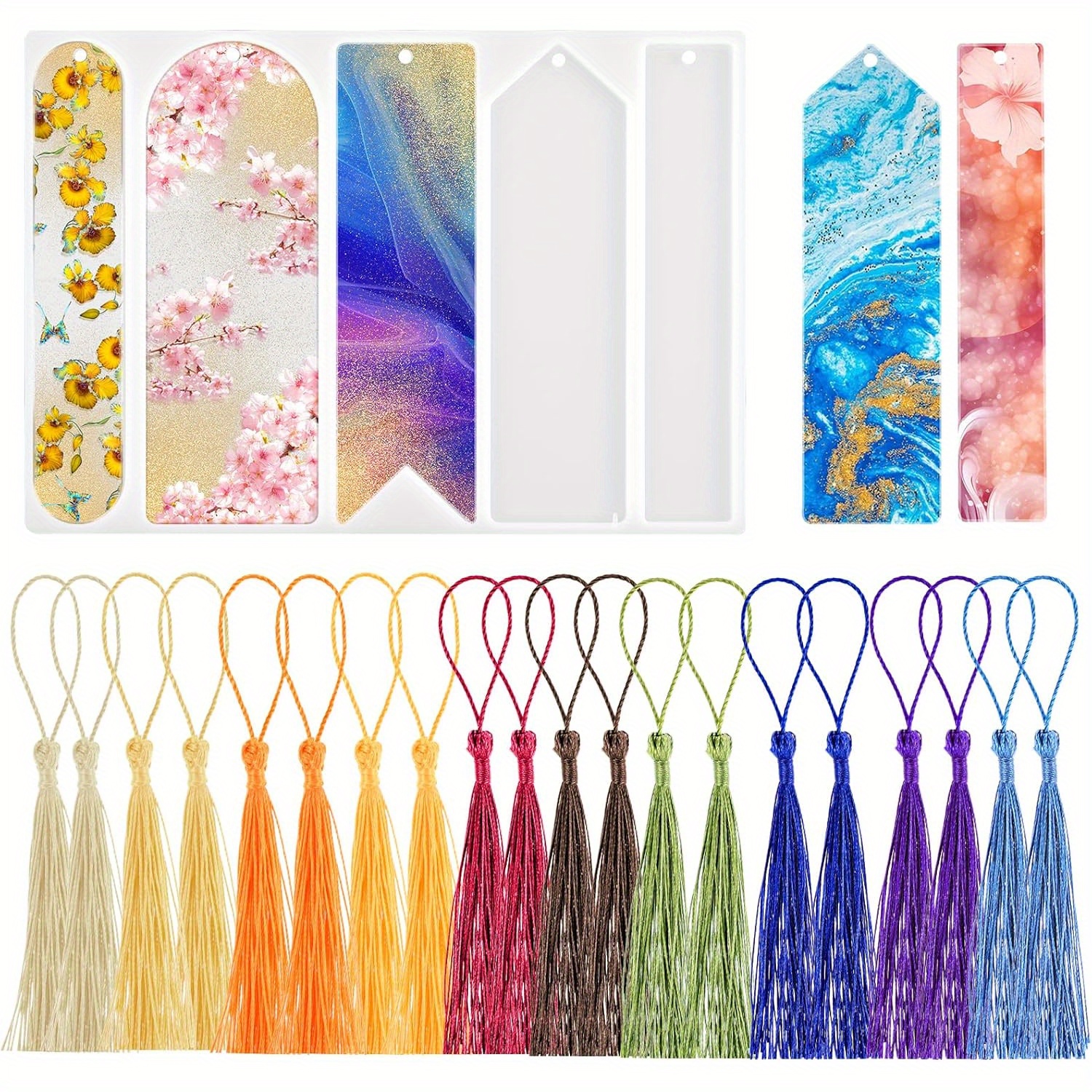 

5 Shapes Silicone Bookmark Molds Set With 20pcs Bookmark Tassels, Reusable Resin Bookmark Molds, Handmade Bookmark Molds For Epoxy Resin, Bookmark Casting Molds For Diy Tassel Bookmark Decoration