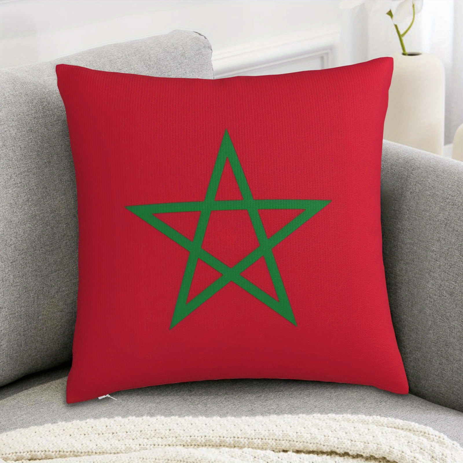 

1pc Moroccan Flag Decorative Pillow Cover, 18x18 Inch, Double-sided Print, Red With Green , Soft Polyester For Living Room Or Bedroom Decor – No Insert Included