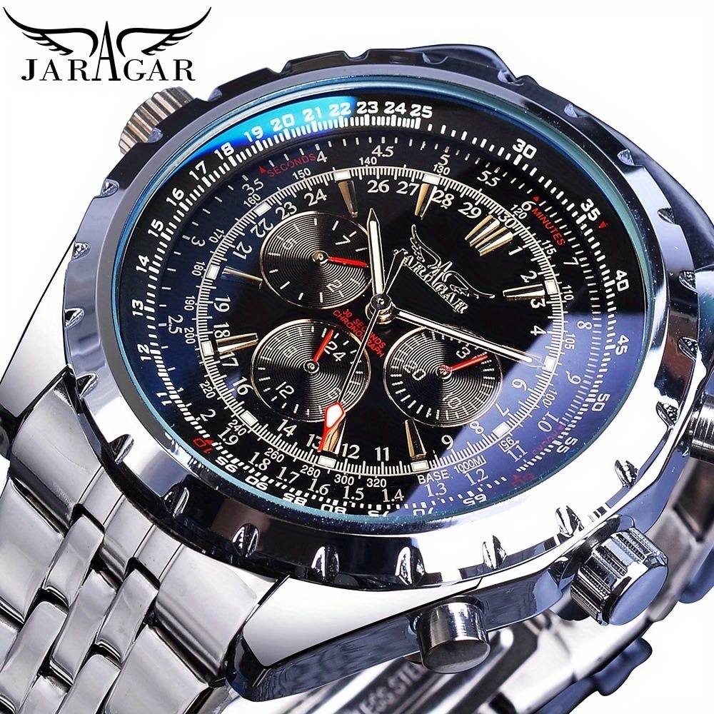 1pc Luxury Men's Business Watch - Mechanical Self-winding Movement, Chronograph, Alloy Case And Strap, Pointer Display, No Battery Required