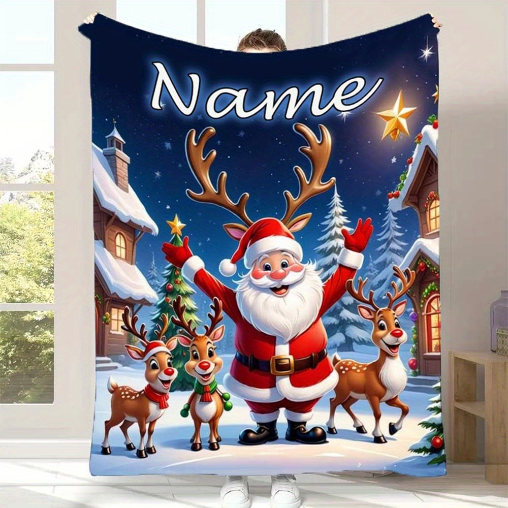 

Personalized With Santa & Reindeer Design - Soft, Plush Flannel For Sofa, Bed, Travel & Camping | Custom Name Option