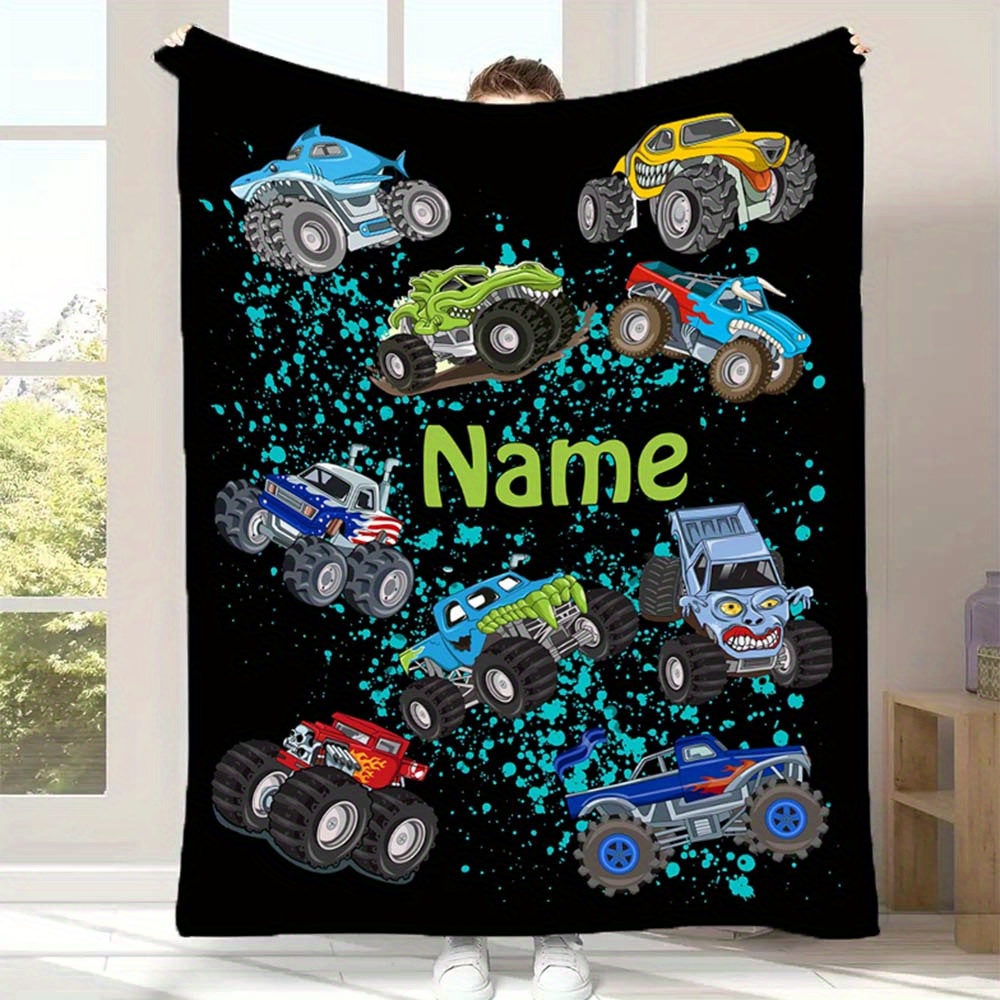 

Customized Name | 1pc Cartoon Monster Colorful Truck Pattern Blanket For Sofa Bed Travel Camping Blanket Living Room Office Sofa Chair And Bed Blanket Digital Printing Blanket Christmas Holiday Gifts