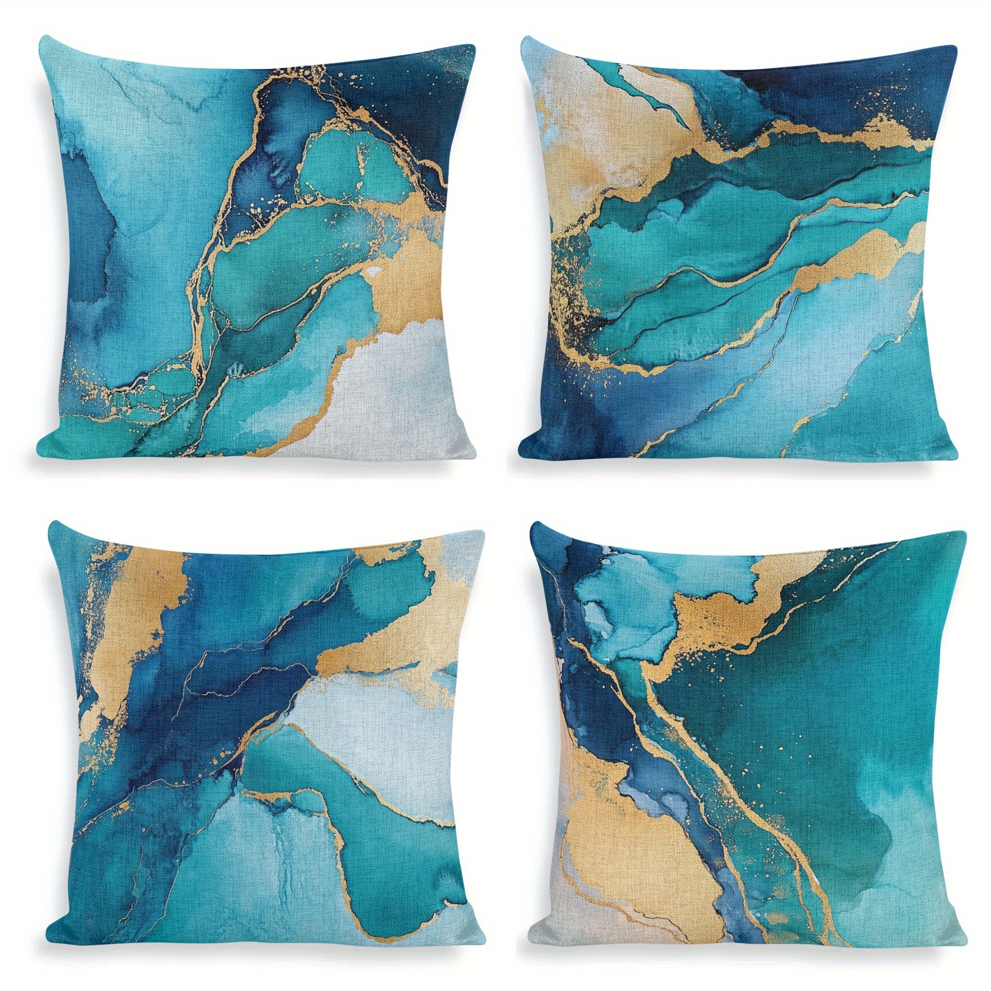 

4-pack 18x18 Inches, Teal And Watercolor Texture Throw Pillow Covers, Double-sided Print, Polyester Cases For Home Sofa Decor, Kitchen And Dining Room Textile, Woven Fabric, No Power Required