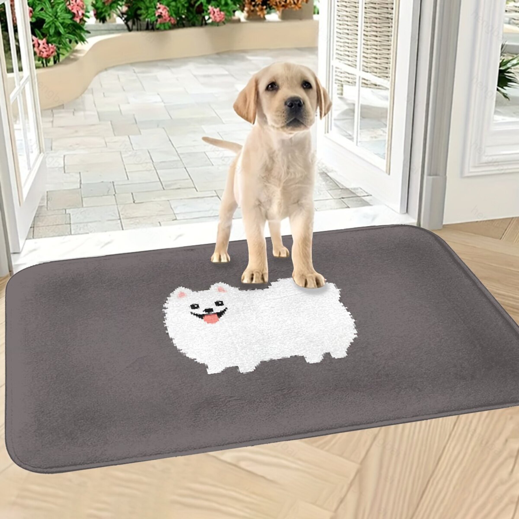 

Machine Washable Polyester Doormat With Non-slip Backing - Lightweight Rectangular Floor Mat Featuring Fluffy White Pomeranian Design For Kitchen, Living Room, Christmas Home Decor, 1pcs