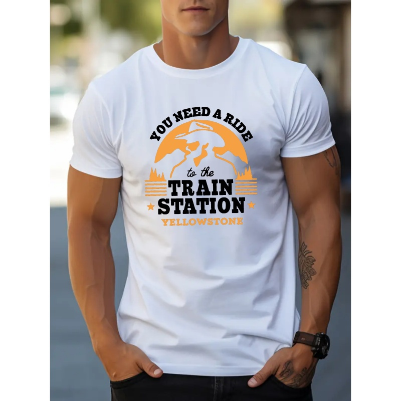 

Men's Crew Neck Cotton T-shirt With "you Need A Ride To Station Yellowstone" Print - Casual Summer Knit Top With