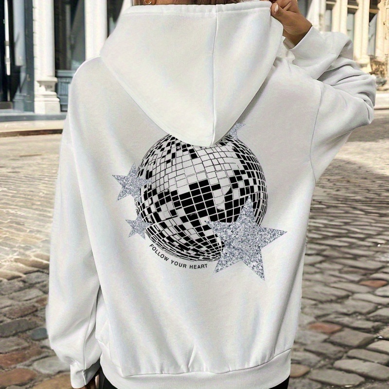 

Women's Casual Hooded Sweatshirt With Geometric Disco Ball Print, 100% Polyester Knit Fabric, Drawstring Pullover Hoodie For Fall/winter