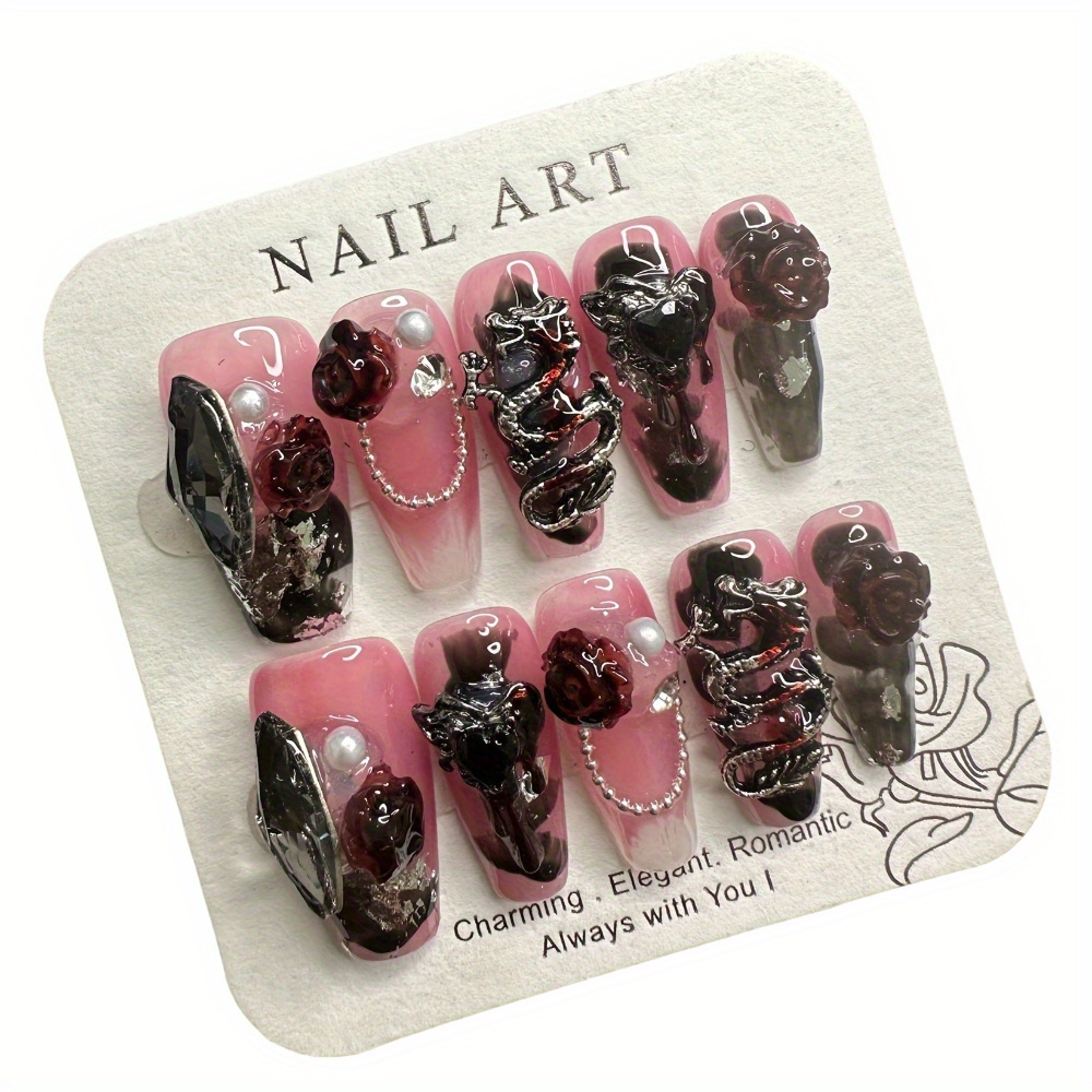 

Handmade Long Coffin Press-on Nails, Dark Style, Dragon, Flower, Pink, , Autumn And Winter, Nail Art, Cosmetic Easy Reusable, Nail Care, Beauty, Holiday, Gift