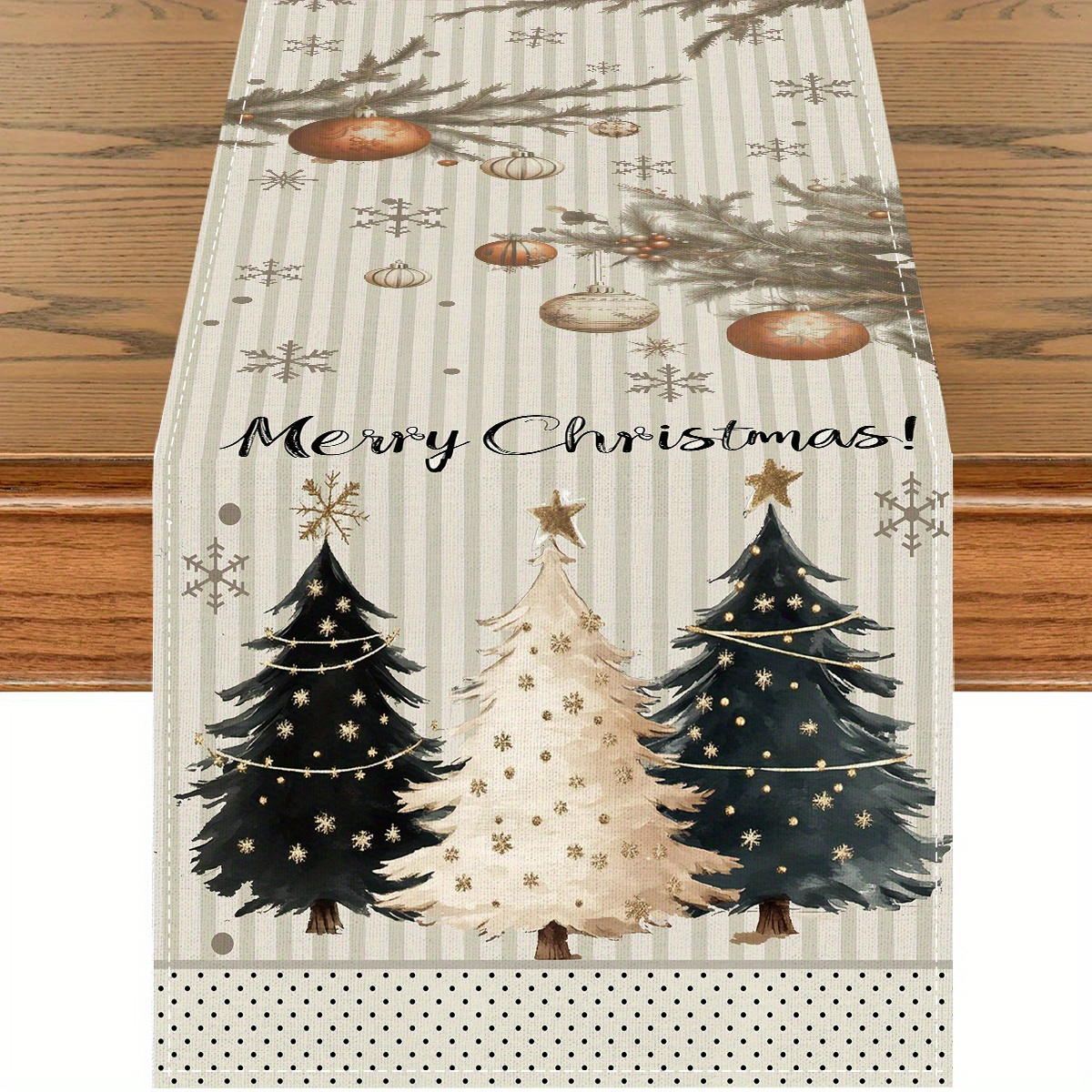 Image of 1pc, Festive Striped Pine Trees Merry Christmas Table Runner, 72"" X 13"", Machine Washable, Fade Resistant, Home Party Decor