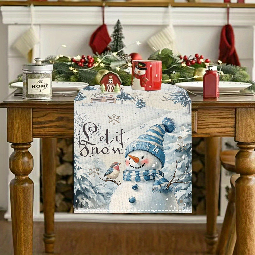 

1pc Snowman & "" Table Runner - And White Polyester With Snowflakes & Pine Trees Design, Christmas Dinner & Holiday Decor, Machine-washable Fabric, Ideal Gift, Decorations, Christmas Decor