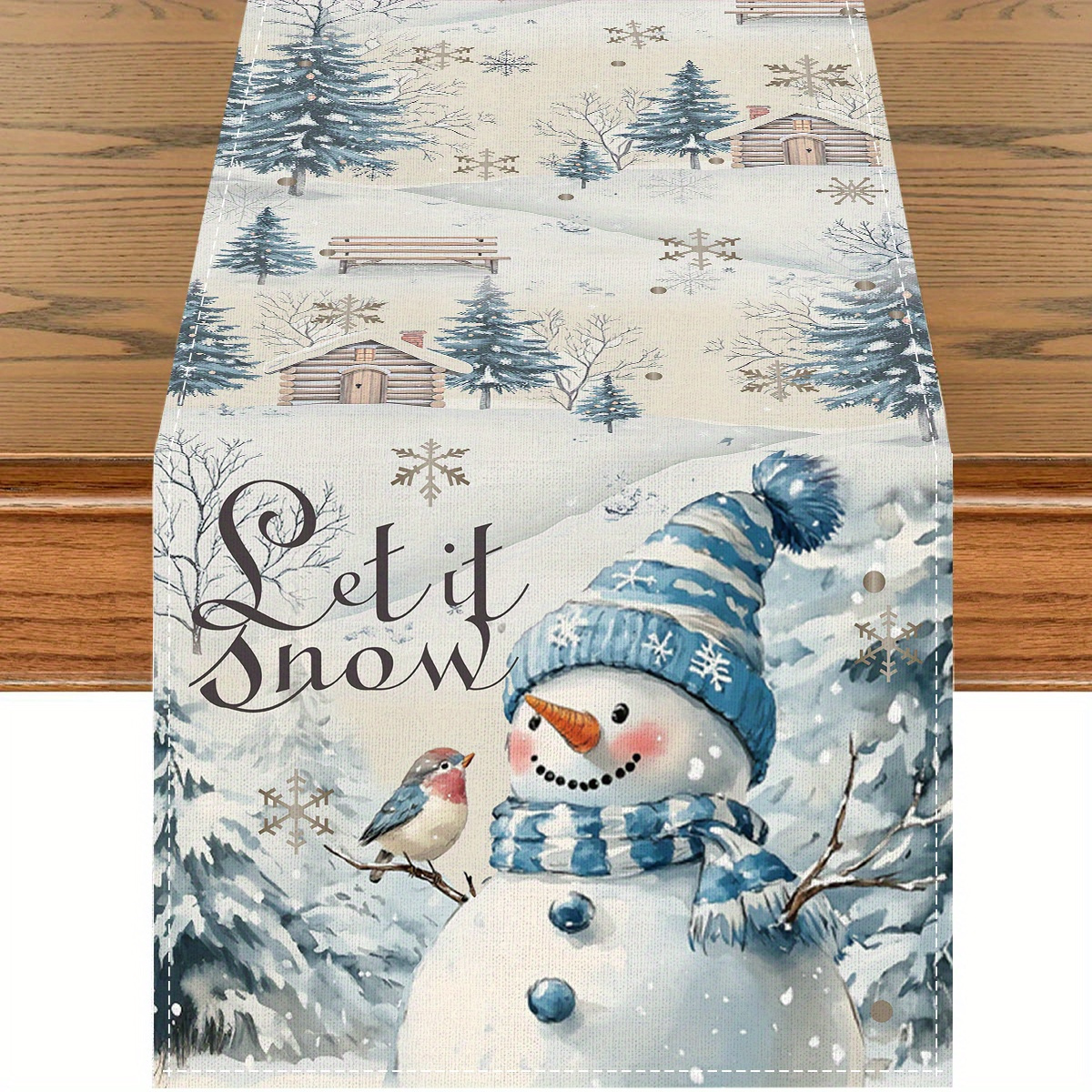 TEMU 1pc, Polyester Table Runner, Snowman Pattern, Blue And White Christmas Table Cover, Machine-made, Holiday Desktop Decor, Home & Kitchen Party Decoration, Gift