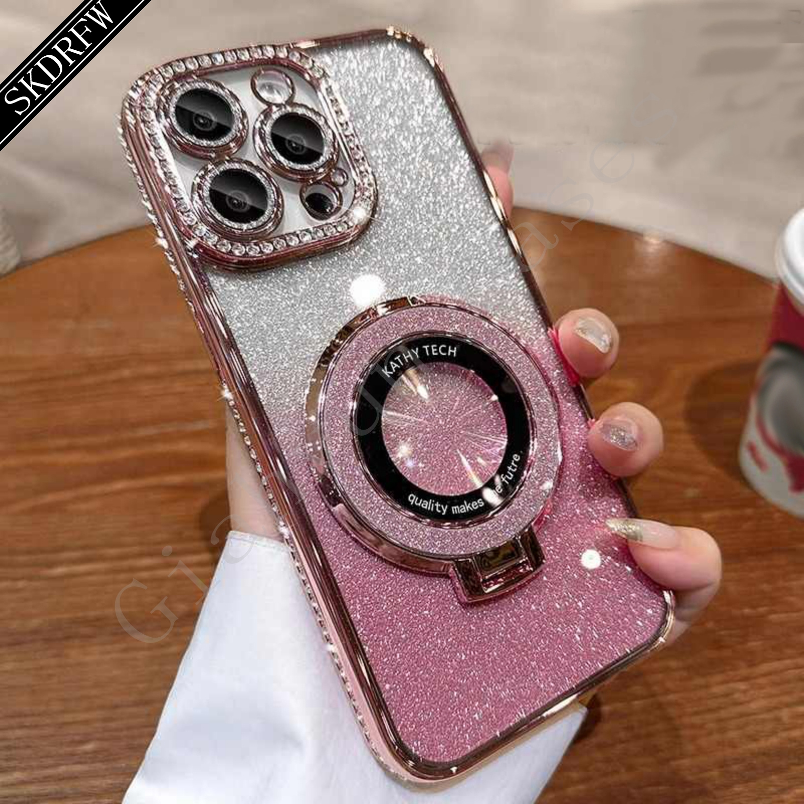 TEMU Phone Case - New Luxury Bling Bling Rhinestone Frame + Glitter Cardstock + Glitter Magnetic Stand + Supports Wireless Charging + Lens Protection