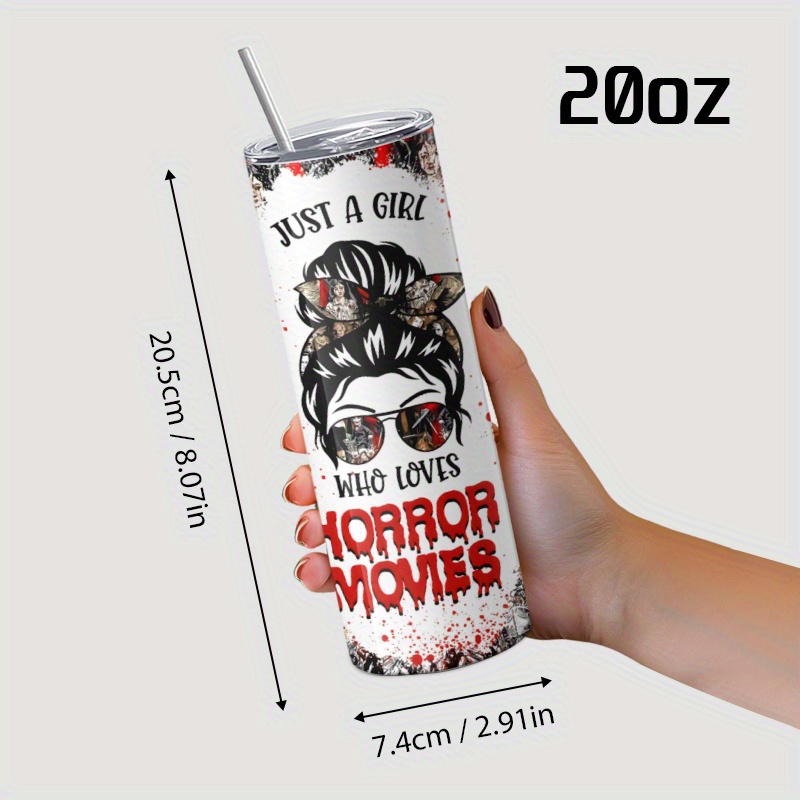 

1pc 20oz Stainless Steel With Straw And Lid - Horror Movies Design, Insulated Travel Cup, Unique Birthday Gift For Her