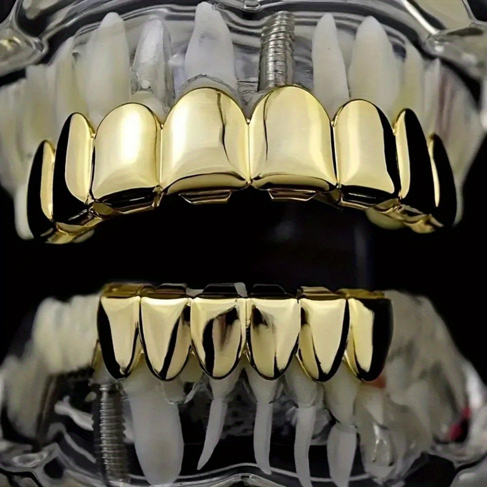 

Thatboy Gold Plated Grillz Set - Hip Hop Glitter 8/6-tooth Fangs Caps, Unisex Metal Stainless Steel Mouth Jewelry For Christmas, , New Year, 's Day - Party Accessories