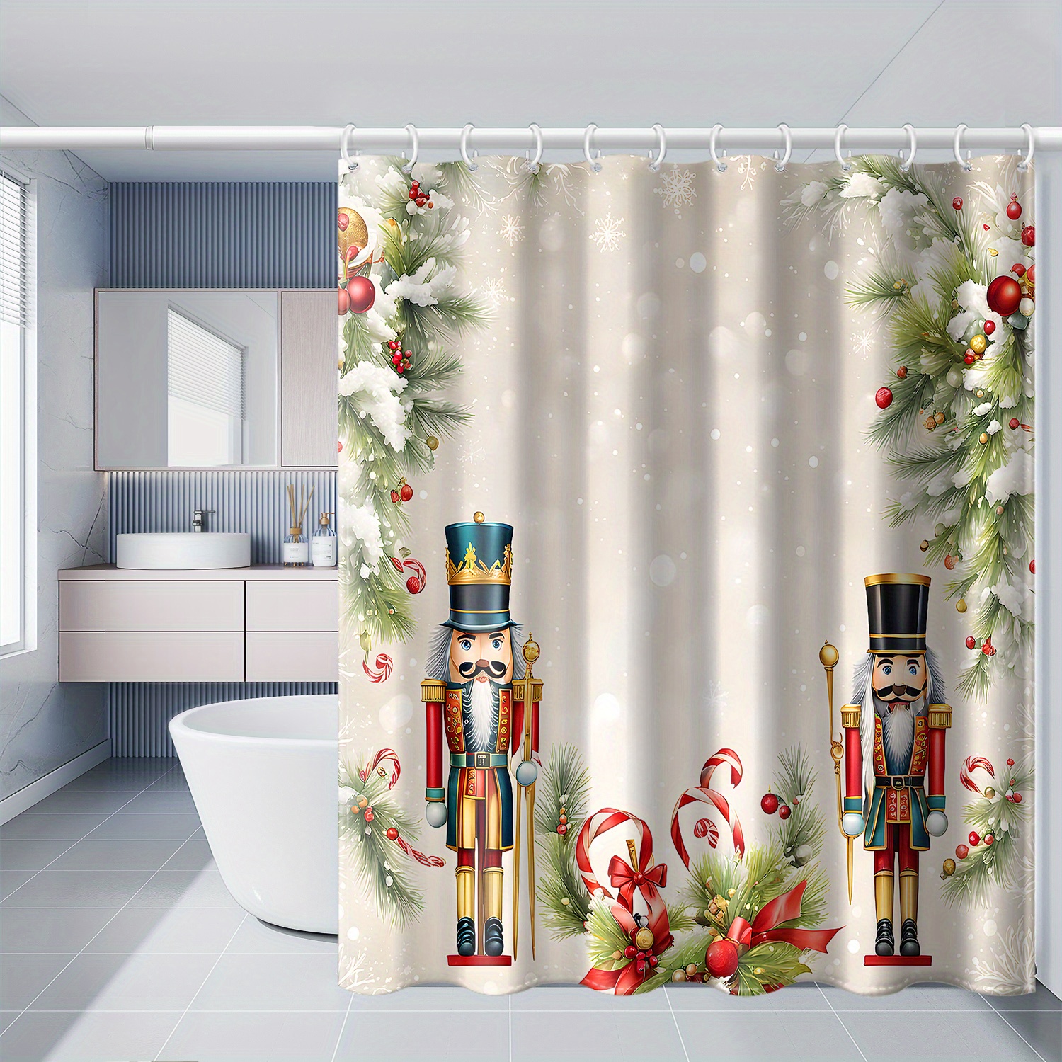 

Christmas Pine & Nut Design Shower Curtain - Waterproof Polyester With Hooks, Machine Washable, All , 71x71 Inches