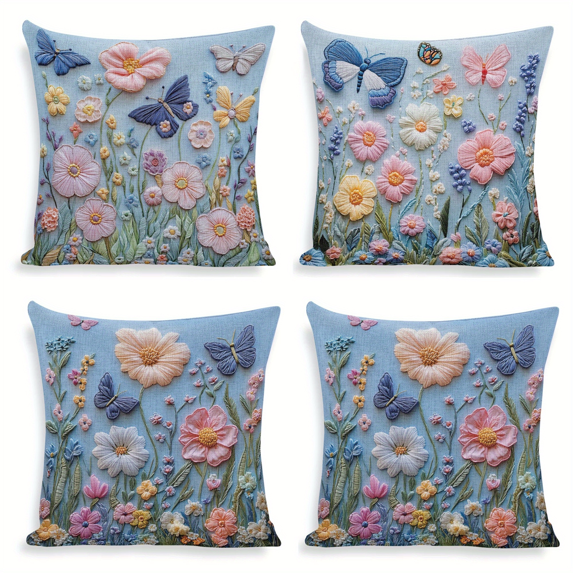 

4pcs Embroidery , And Butterflies Pattern Cushion , , 18*18 , Printed Decorative Cushion For Sofa Bed Decoration