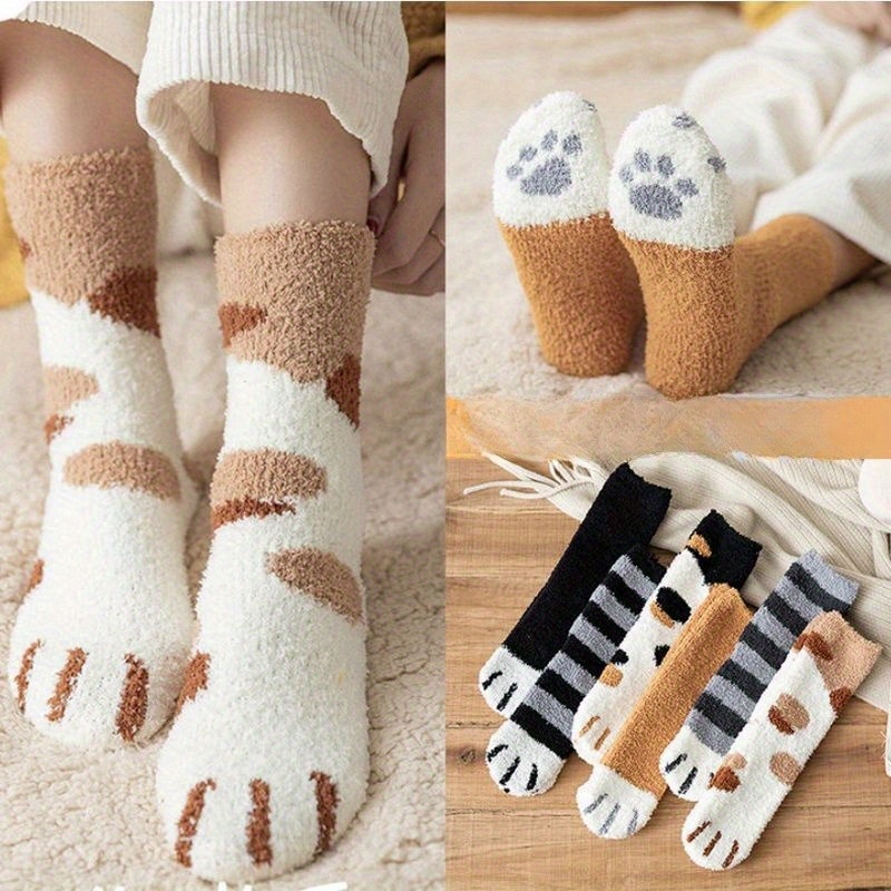 

3 Pairs Of Random Winter Socks For Girls, Snow Coral Velvet Socks, Warm Autumn And Sleeping Socks, Plush Home Cat Socks