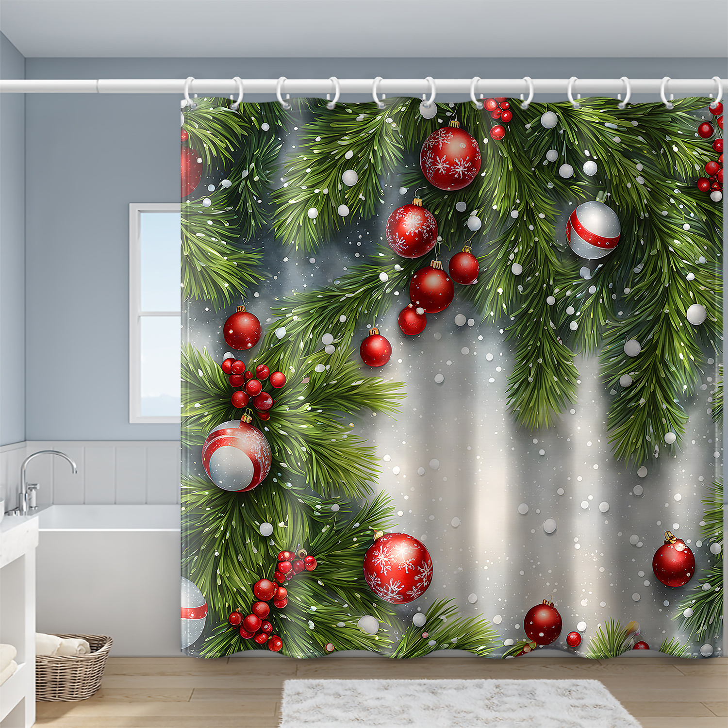 

Christmas Cheer Shower Curtain - Waterproof Polyester With Pine & Snowball Design, Includes Hooks, Machine Washable - All , 71x71 Inches