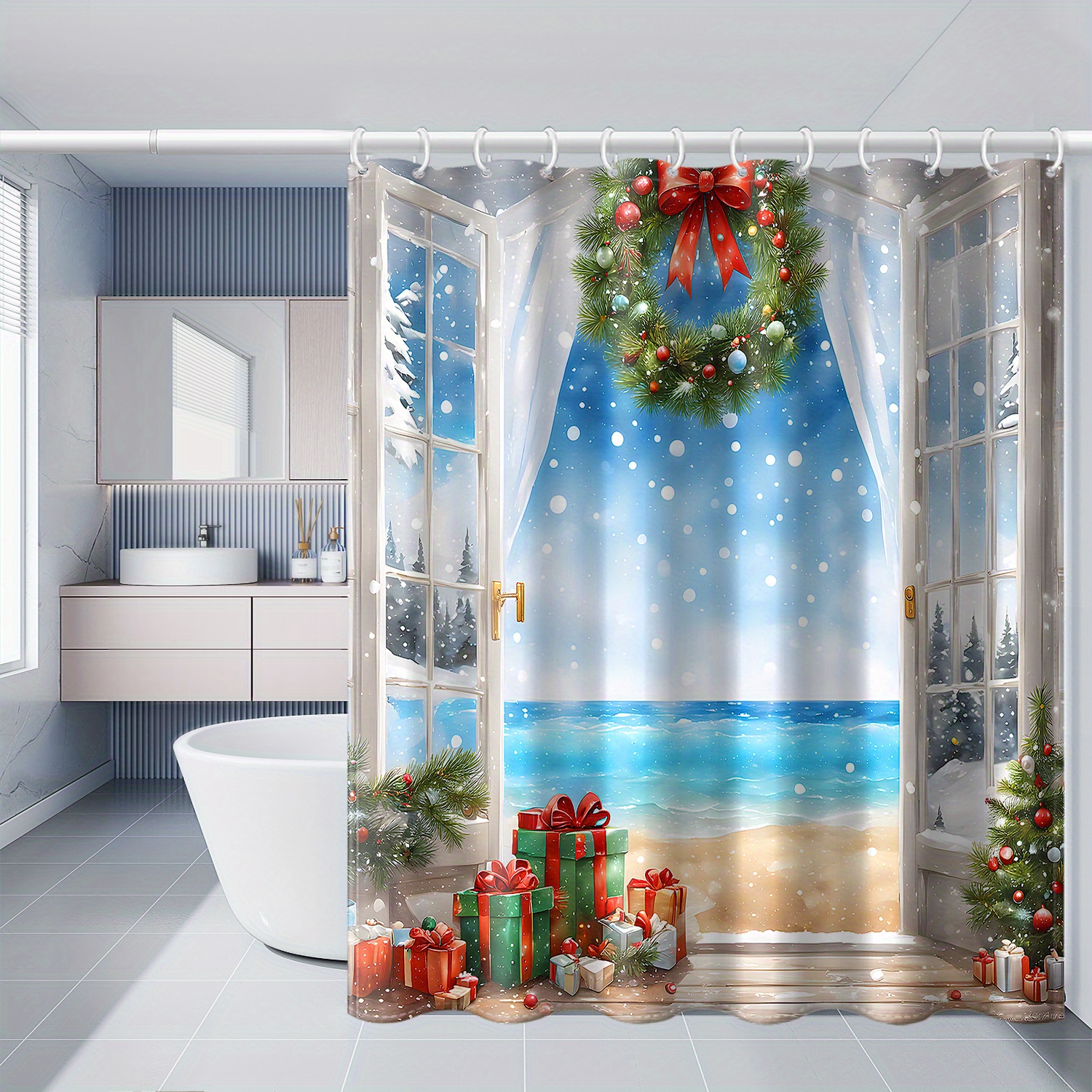 

Christmas Beach Scene Print Shower Curtain, 71x71 Inches, Waterproof Polyester With Hooks, Machine Washable, Ideal For Home Bathroom Decor, All