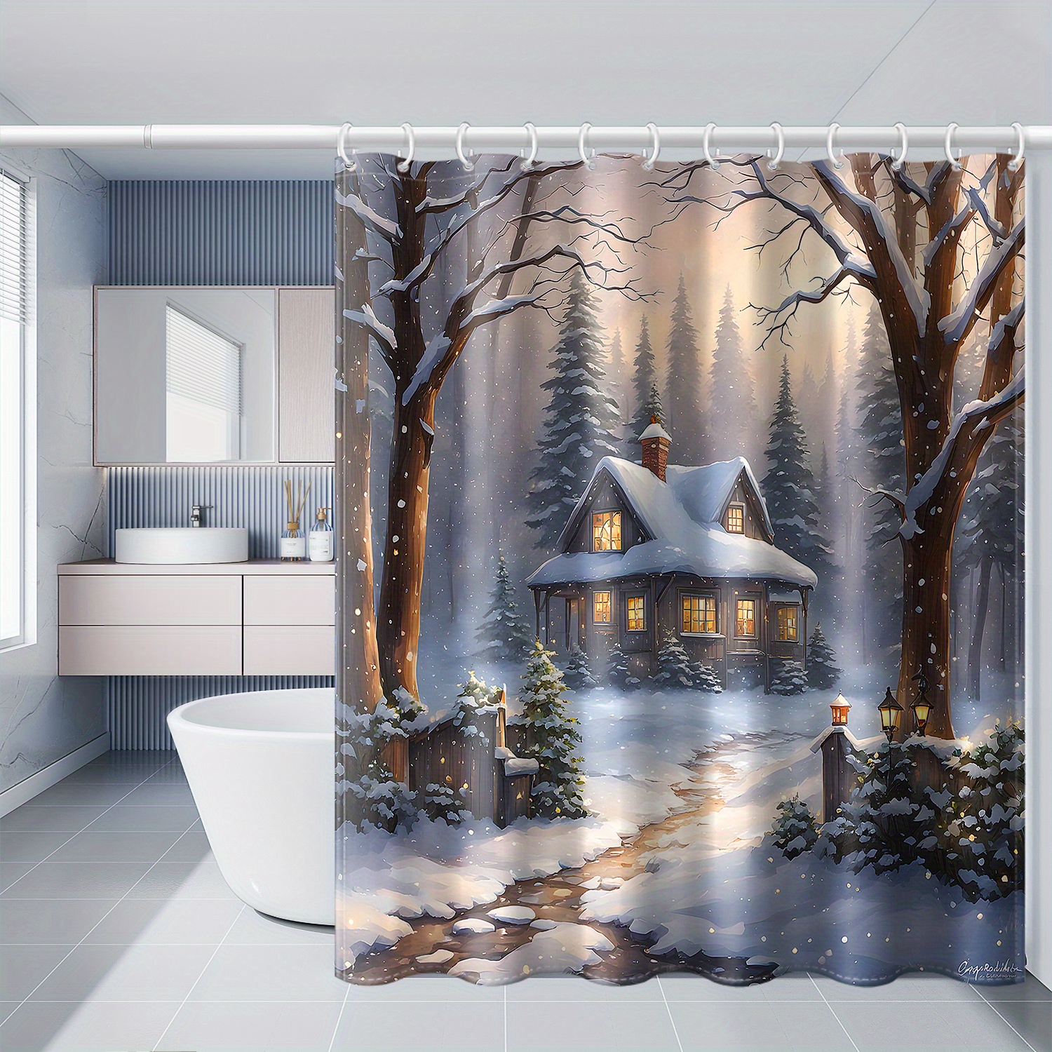 

Christmas Pine & Print Shower Curtain - Waterproof Polyester With Hooks, Machine Washable, All , 71x71 Inches