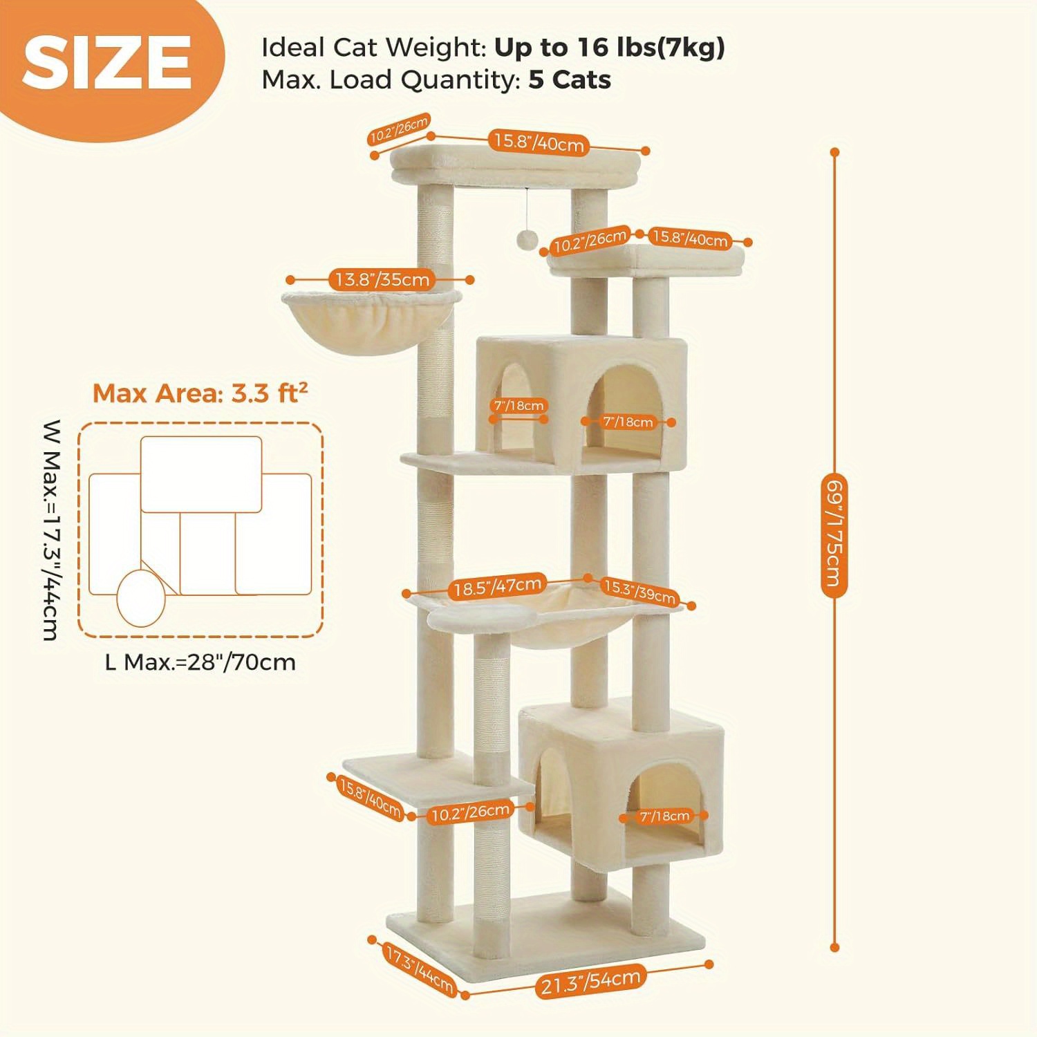Image of 175cm/ 69" Tall Cat Tree, Multi-level Cat Tower For 5 Large Cats, Stable Activity Center With 2 Condos & Super Large Hammock